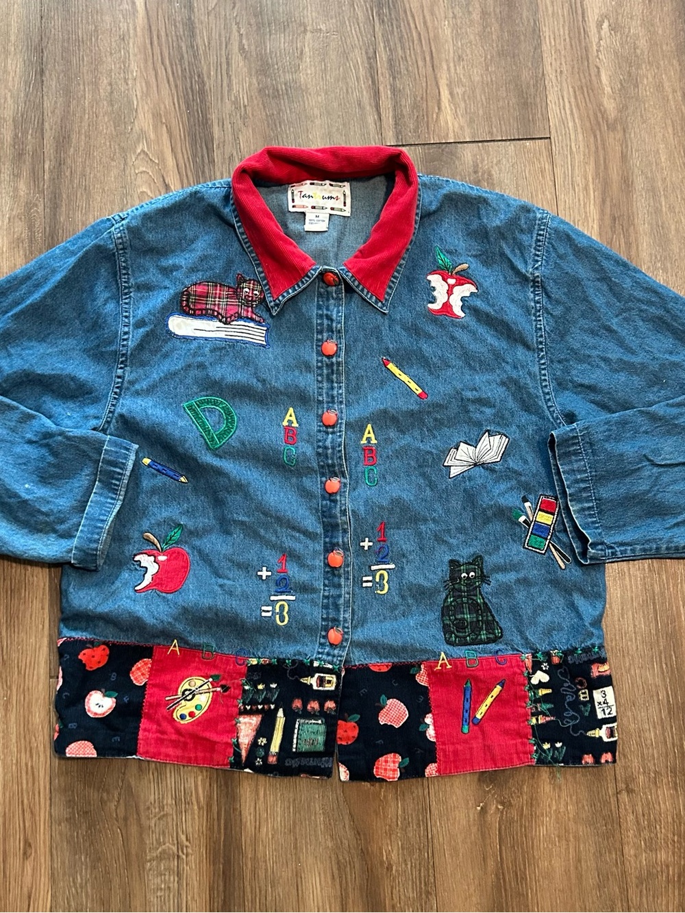 Vintage Tantrum Blue Denim Shirt Teacher Apple Buttons Embroidered Grannycore M